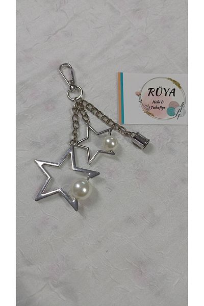 rüya hobi Model Star - Elegant - Ornament pentru geantă cu perle - Lanț - Piatră - Breloc pentru geantă - Argintiu