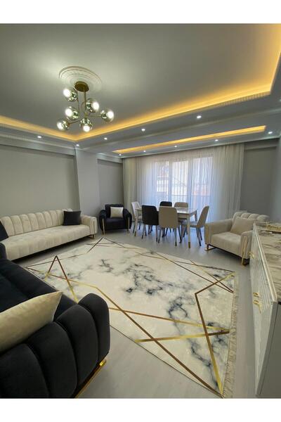 CENTER AVM Beyaz Gold Halı Makinede Yıkanabilir Kaymaz Taban Salon Halısı