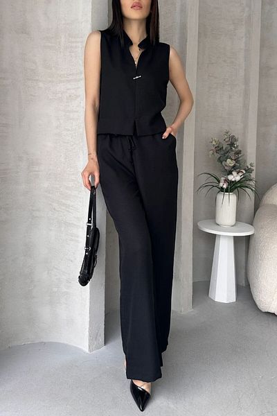 DENİKK S1008 Aerobin Linen Judge Collar Accessory Blouse and Pants Bottom Top Women's Two-Piece Suit