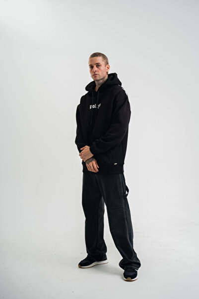 velmorafashion سويت شيرت هودي دبل قصة فضفاضة ديجيتال باتشي - أسود -VLMR