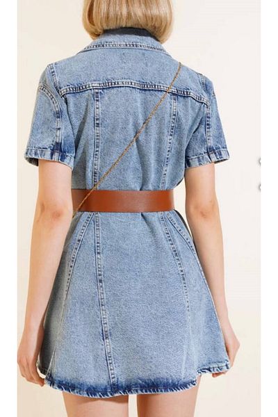 Pasaklı Giyim Women's Snow Wash Extra Mini Belted A-Line Flared Young Summer Denim Dress Kt-0090500