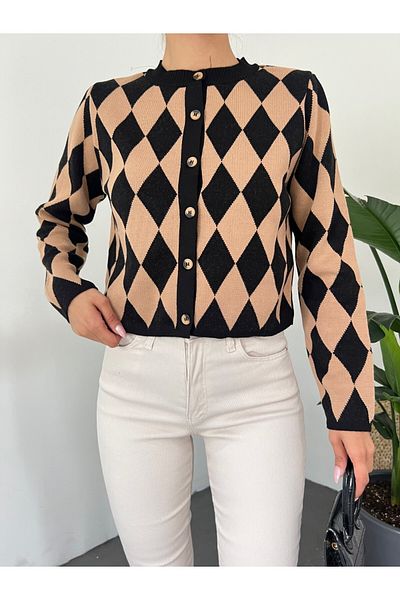 HİJABAYA Crew Neck Buttoned Diamond Pattern Cardigan