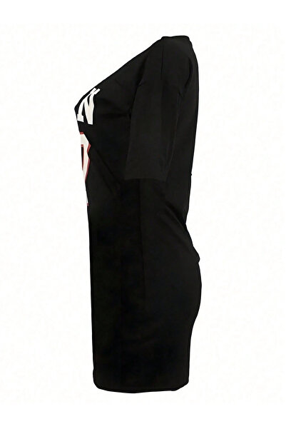 Richarlison Kadın Siyah QUEEN 07 Baskılı V Yaka Günlük Kısa Kollu Midi Boy Elbise