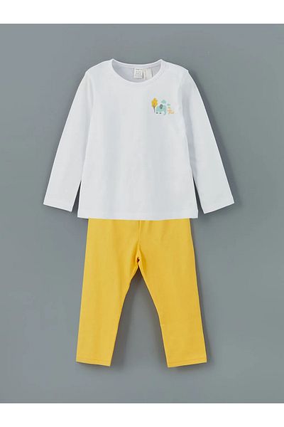 LC Waikiki Lcw Eco Yellow Crew Neck Printed Girls' Pajama Set