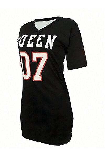 Richarlison Kadın Siyah QUEEN 07 Baskılı V Yaka Günlük Kısa Kollu Midi Boy Elbise