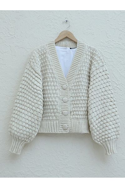 HİJABAYA Embossed Braided Buttoned Knitwear Cardigan
