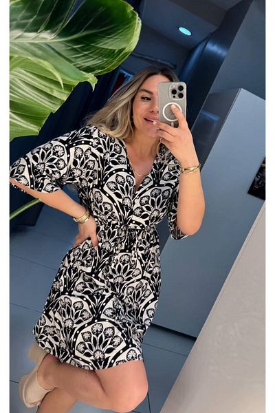 sharin Women's Summer V-Neck Waist Drawstring Black and White Woven Dress 2E-2329