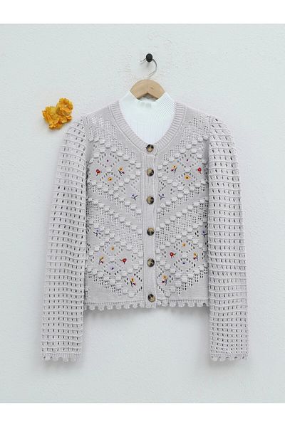 HİJABAYA Floral Embroidered Pompom Openwork Sweater Cardigan