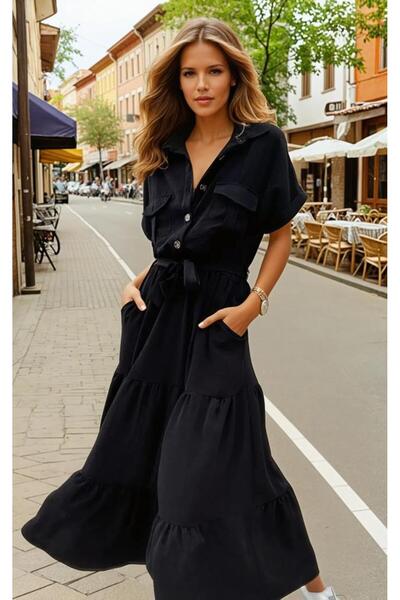 Pasaklı Giyim Kadın Siyah Cepli Kısa Kol Katlı Tam Boy Uzun Günlük Yazlık Giy Çık Elbise 3336217