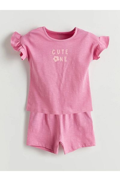 LC Waikiki Lcw Baby Pink Crew Neck Baby Girl Pajama Set with Shorts