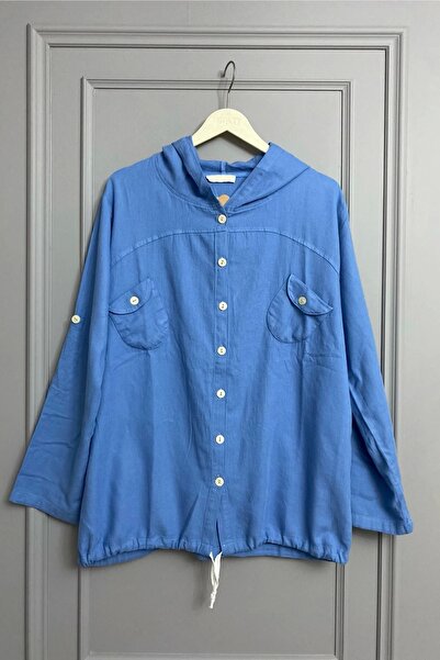 Bİ.GİYSEN Women's Light Blue Large Size Back Butterfly Embroidered Sleeve Fold Cotton Linen Fabric Shirt Jacket