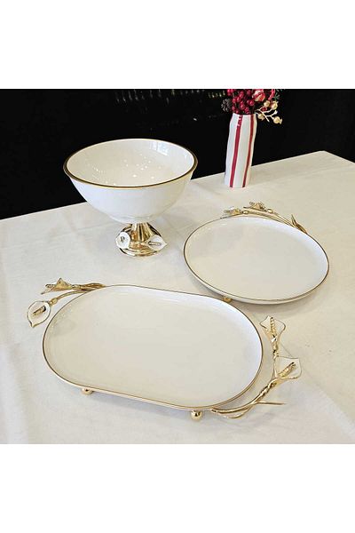 MaviDamla 3 Pieces Gala White Mined Model Presentation Set Gilding Detail Gold