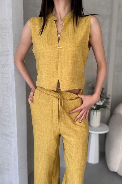 DENİKK S1008 Aerobin Linen Judge Collar Accessory Blouse and Pants Bottom Top Women's Two-Piece Suit