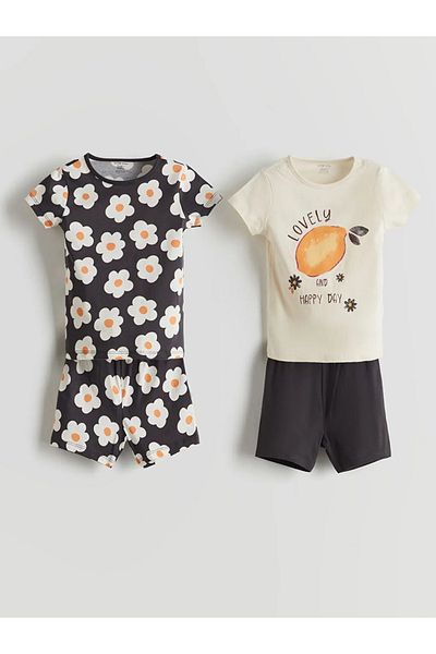 LC Waikiki Lcw Baby Beige Crew Neck Baby Girl Shorts Pajama Set 2 Pcs