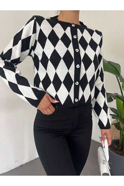 HİJABAYA Crew Neck Buttoned Diamond Pattern Cardigan