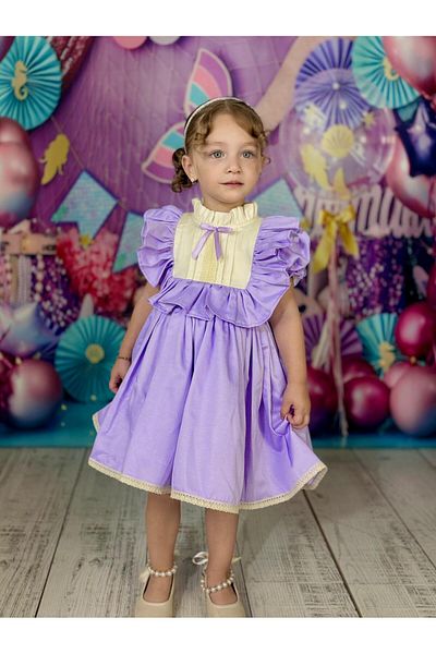 Hly Karol Tasarım Vintage Baby Girl Dress with Laurel Lilac Bow, Birthday Dress, Photo Shoot Dress, Suitable for 0-7 Years Old