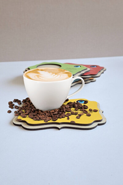 Kutaydan 6 Pieces Wooden Laser Cut Cups and Coffee Coasters with Evil Eye Beads