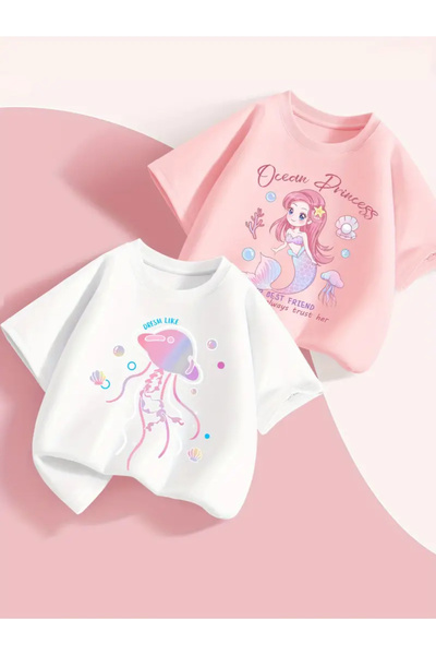 MANCY Girl's Printed Set of 2 Cotton Oversize T-Shirts