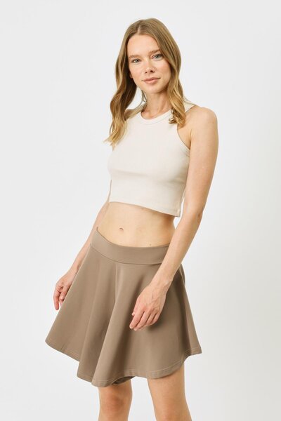 C&City 925 Beige Women's Crop Tank Top - Halter Collar, Ribbed and Flexible