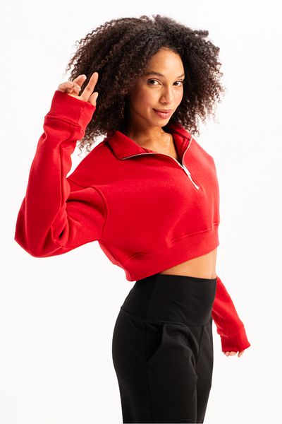 C&City Crop Stand Collar Semi-Zipper Ribbon Women's Sweatshirt Vibe Red