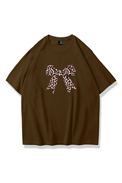 MANCY Women's Leopard Ribbon Printed Oversize 100% Cotton T-Shirt