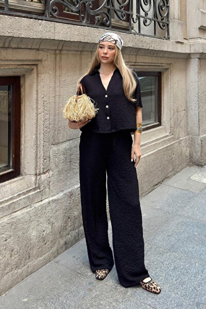 Swist Black Polo Neck Crop Pants Women's Wrap Bottom Top Set