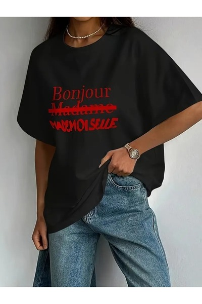 MANCY Tricou oversize unisex Bonjour Madame imprimat 100% bumbac