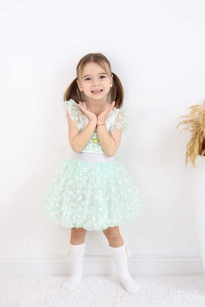 ESİLA KİDS Girl Child Badi Flower Printed Balloon Skirt Bottom-Top Suit