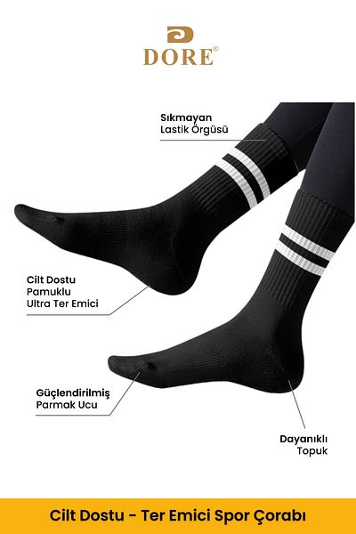 Dore Original Unisex 3 Pairs Premium Sports Sweat-Absorbing Breathable Cotton Long Conch Tennis College Sports Socks