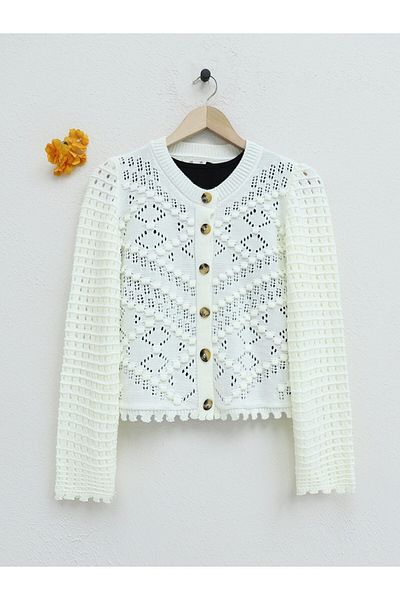 HİJABAYA Openwork Embossed Bone Buttoned Knitwear Cardigan