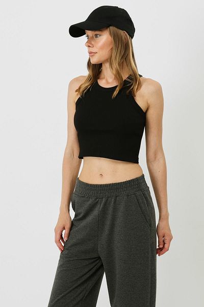C&City 925 Black Women's Crop Tank - Halter Neck, Stretchy Ribbed
