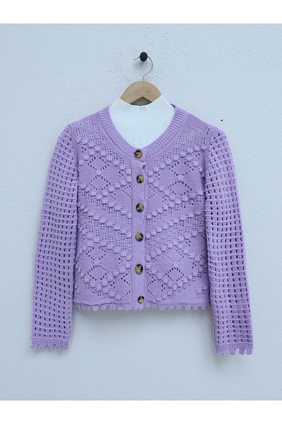 HİJABAYA Openwork Embossed Bone Buttoned Knitwear Cardigan
