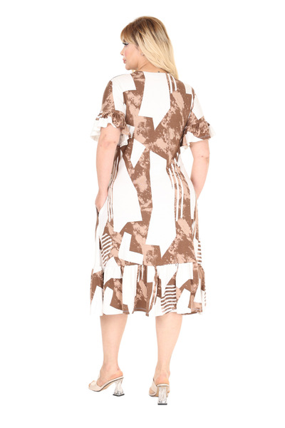 MELSAY Women's White Brown Vintage Pattern Short Sleeve Ruffle Dress