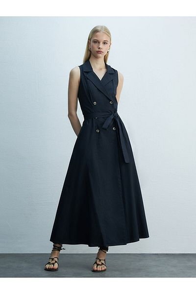 Ltb Basic Buttoned Poplin Long Navy Blue Dress