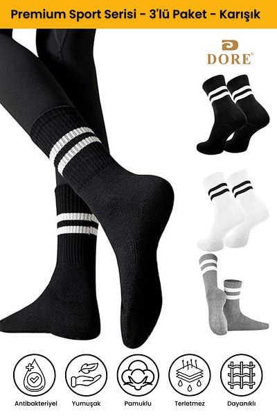 Dore Γνήσιες αθλητικές κάλτσες Unisex 3 ζευγαριών Premium που απορροφούν τον ιδρώτα που αναπνέουν βαμβακερές μακριές αθλητικές κάλτσες Tennis College