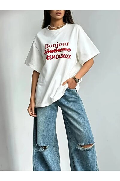 MANCY Tricou oversize unisex Bonjour Madame imprimat 100% bumbac
