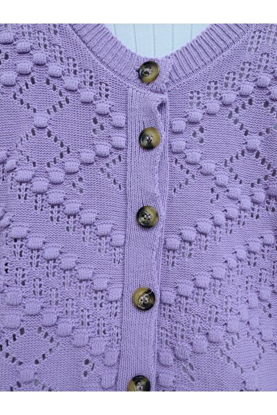 HİJABAYA Openwork Embossed Bone Buttoned Knitwear Cardigan