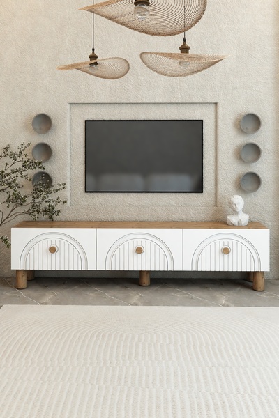 izcodesign Bohem 150 cm Atlantik Çam 3 Kapaklı TV Ünitesi – MDF Mebran Kapaklı Modern TV Sehpası