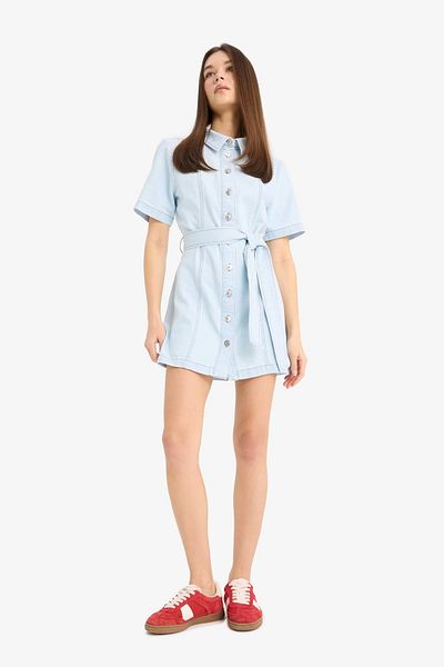 DeFacto Polo Neck Button Belted Short Sleeve Mini Jean Dress E1287Ax25Sm