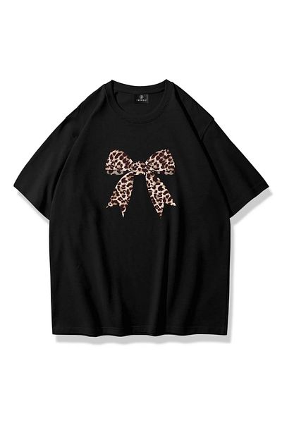 MANCY Women's Leopard Ribbon Printed Oversize 100% Cotton T-Shirt