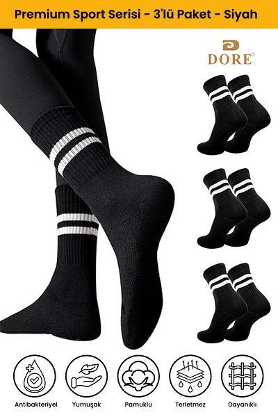 Dore Γνήσιες αθλητικές κάλτσες Unisex 3 ζευγαριών Premium που απορροφούν τον ιδρώτα που αναπνέουν βαμβακερές μακριές αθλητικές κάλτσες Tennis College