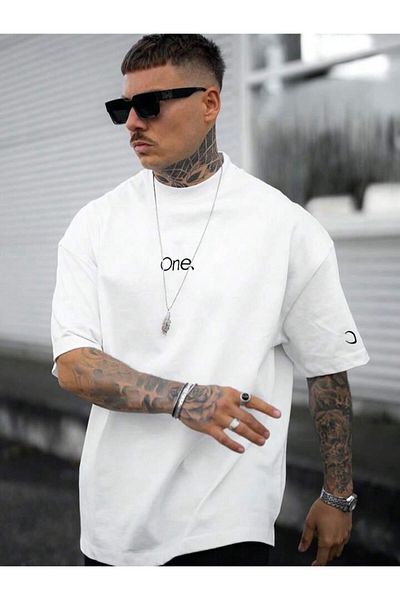 MANCY Unisex One Sleeve Crescent Printed Oversize 100% Cotton T-Shirt