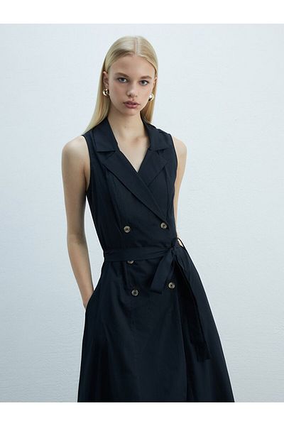 Ltb Basic Buttoned Poplin Long Navy Blue Dress