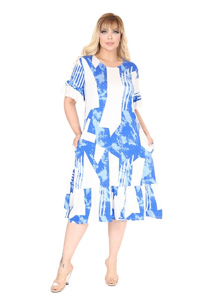 MELSAY Women's White Blue Vintage Pattern Short Sleeve Ruffle Dress