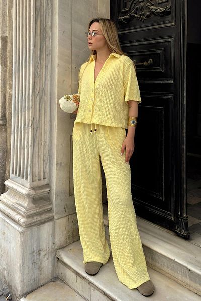 Swist Yellow Polo Neck Crop Pants Women's Wrap Bottom Top Set