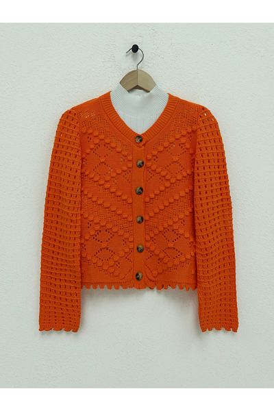 HİJABAYA Openwork Embossed Bone Buttoned Knitwear Cardigan