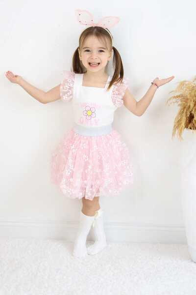 ESİLA KİDS Girl's Set: Tulle Balloon Skirt and Top, 2-Piece Set with Printed Sleeves and Ruffles, Ages 3-6