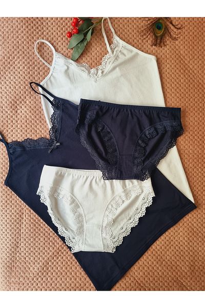 Demirsa Boutique 2-Piece Rope Strap Lace Detailed White and Navy Blue Color Tank Top Panties Set