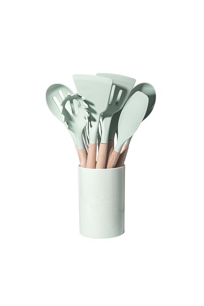 DUTRIEUX green 12pcs Set of Multi-color Silicone Wooden Handle Kitchenware Set Non Stick Pot Spatula and Spoo