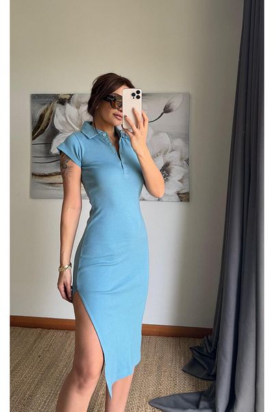 Daves Rochie midi cu decolteu polo cu fantă elastică-albastru bebeluș